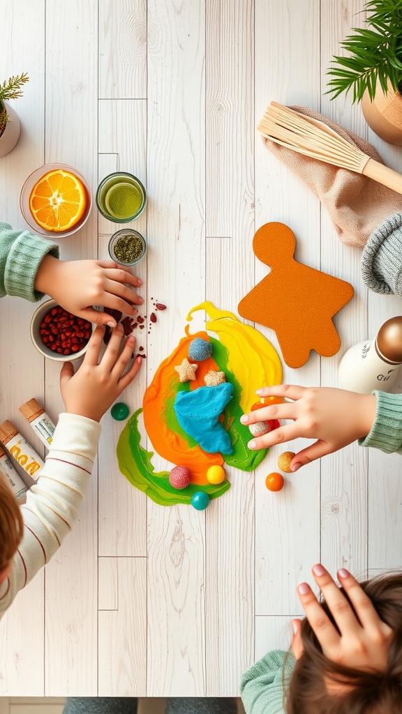 Children's hands playing with colorful homemade play-dough on a table.