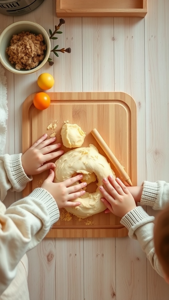 Two toddler hands playing with homemade play dough on a wooden cutting board, with ingredients like sugar and eggs in the background.