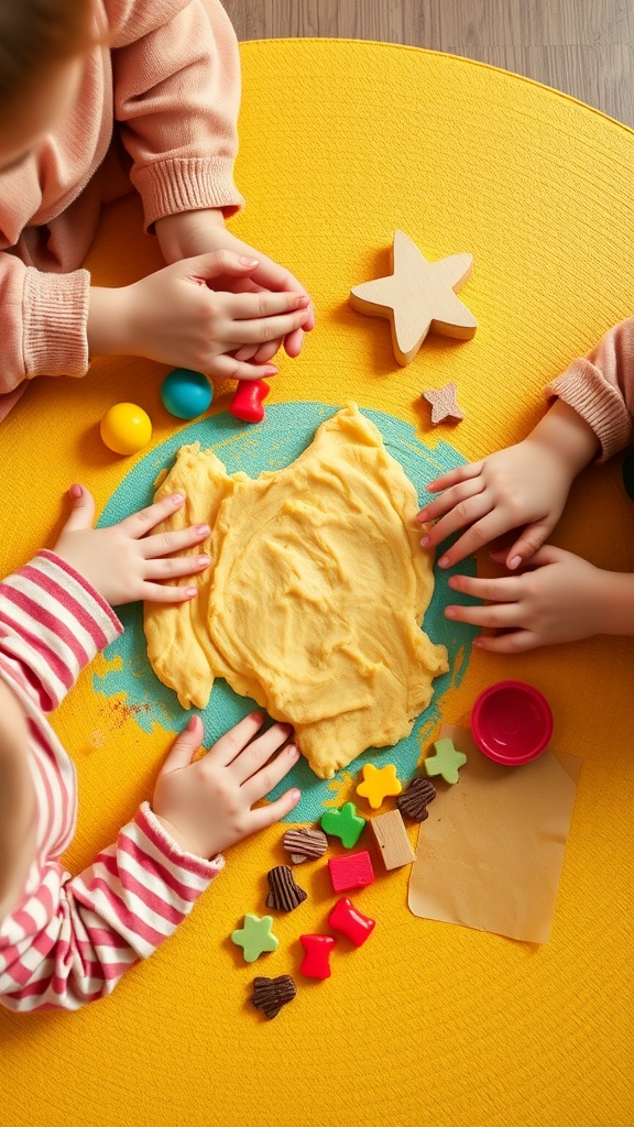 Two children playing with homemade yellow playdough on a colorful mat, surrounded by various shapes and tools.