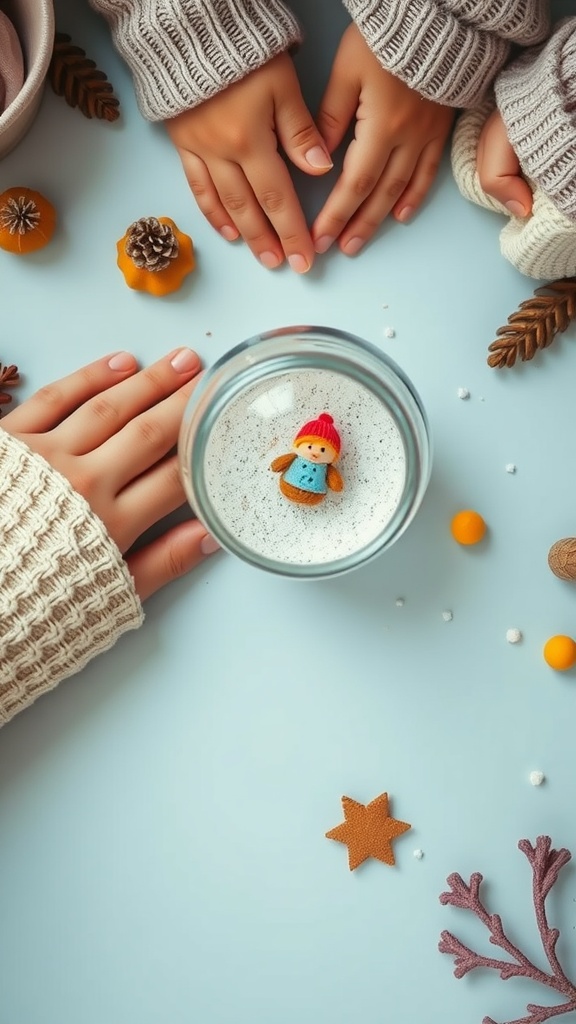 Two hands with a colorful snowman figurine in a mason jar on a light blue surface, surrounded by winter-themed decorations.
