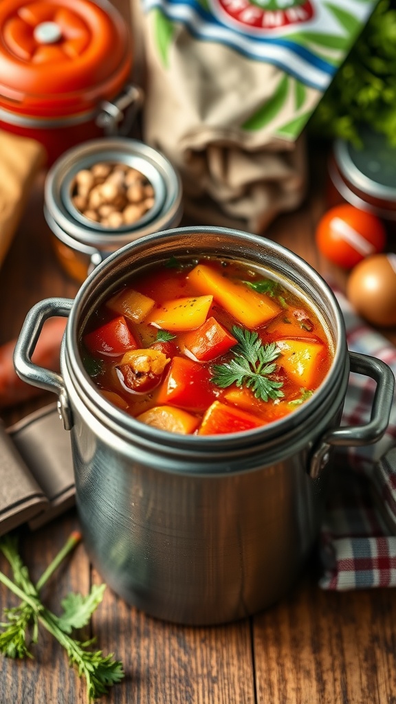A pot of colorful vegetable soup with vibrant carrots, bell peppers, and herbs, ready to be packed in a thermos.
