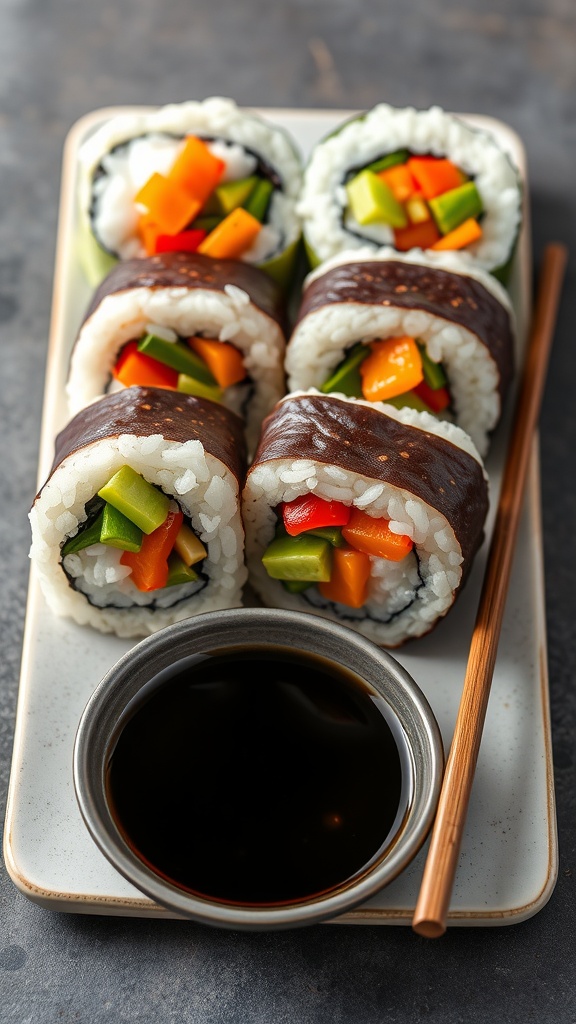 A plate of homemade vegetable sushi rolls accompanied by soy sauce and chopsticks.