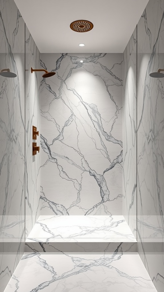 Shower with honed marble walls and brass fixtures