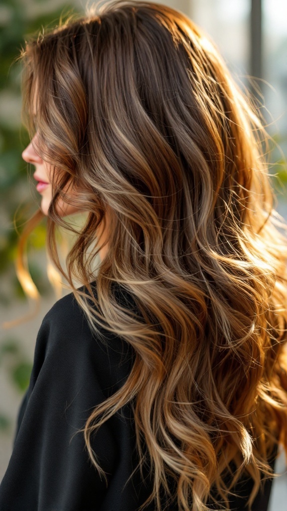 A woman with medium brown hair showcasing honey blonde highlights