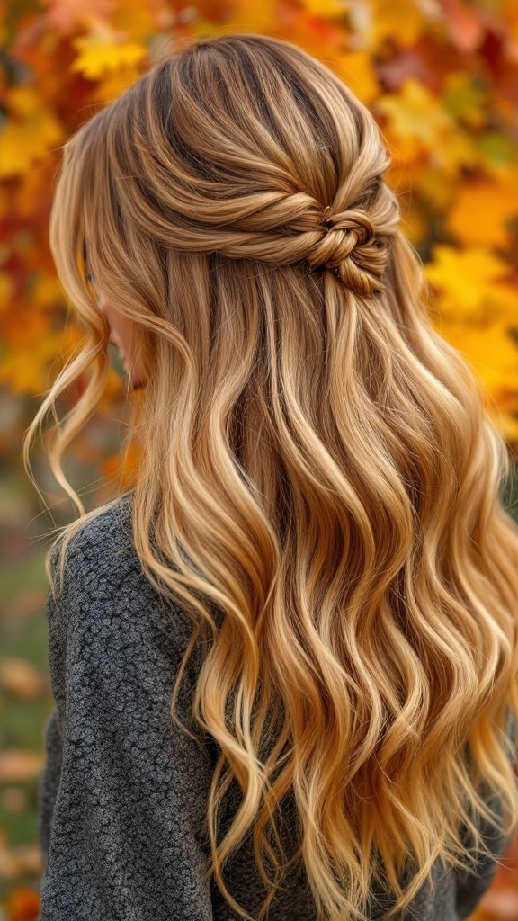 Honey blonde hair styled in waves with a twist, surrounded by autumn leaves.