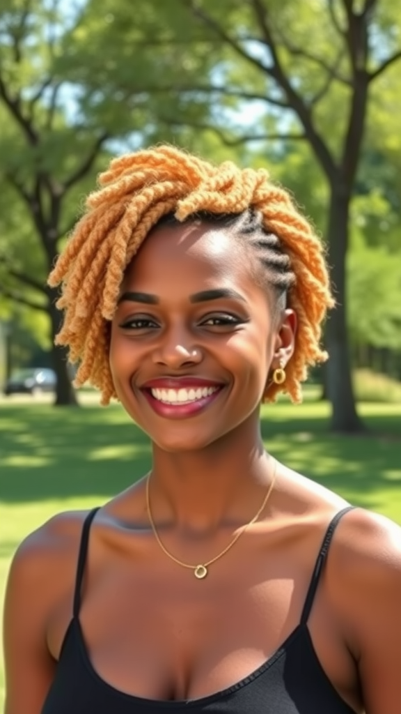 A smiling woman with honey blonde twist-out hairstyle in a park.