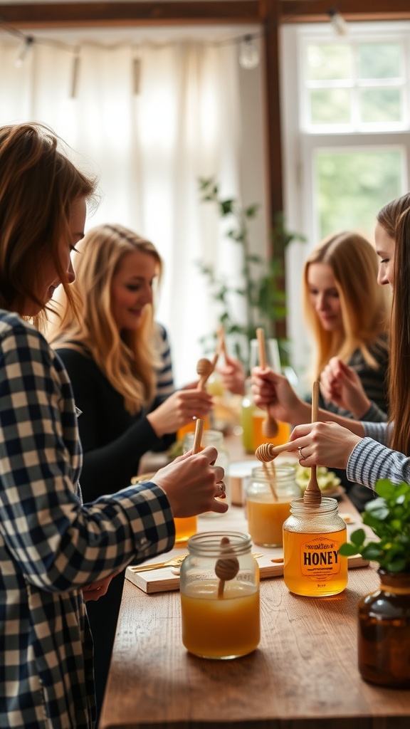 Guests enjoying a honey dipping activity at a baby shower.