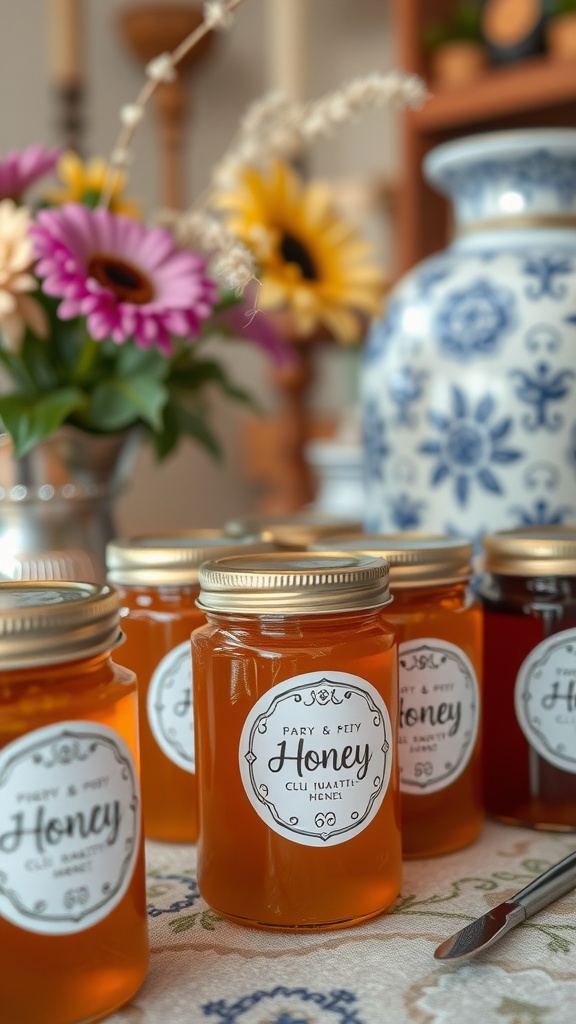 Jars of honey with decorative labels and sunflowers in the background