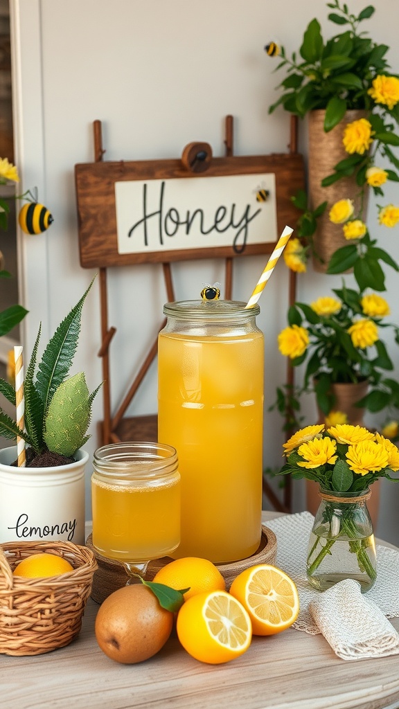 A honey lemonade station featuring a large jar of lemonade, fresh lemons, and a decorative sign.