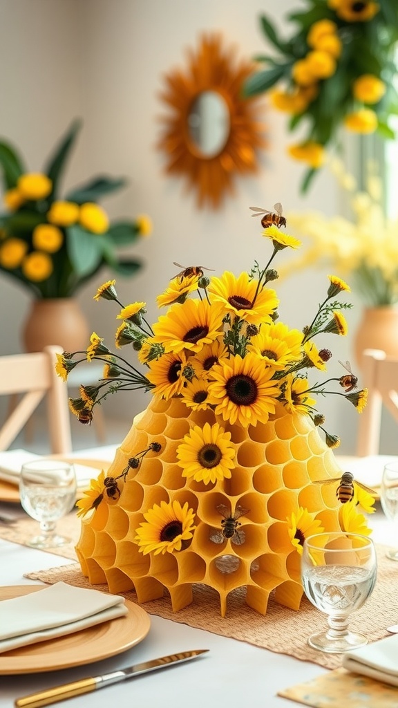 A honeycomb centerpiece with yellow flowers for a bee-themed baby shower.