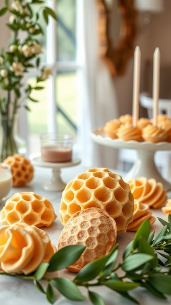A collection of honeycomb-shaped cookies displayed elegantly with greenery and other treats.