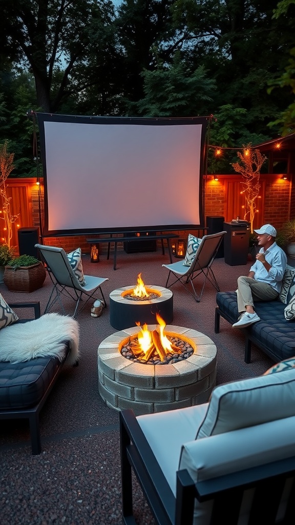 A cozy backyard with a fire pit, seating, and a movie screen set up for a movie night.
