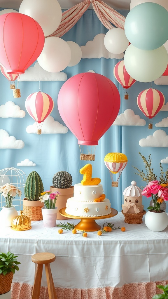 A beautifully decorated birthday party table featuring hot air balloons, a birthday cake, and flowers.