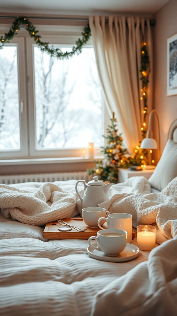 A cozy bedroom scene featuring a hot beverage station with cups, a teapot, and a candle on a tray, surrounded by soft blankets and a snowy view outside.