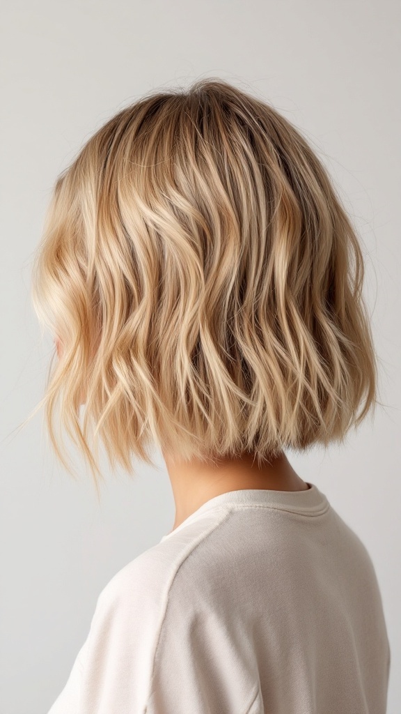 A stylish messy bob hairstyle showcasing loose waves and a casual look.