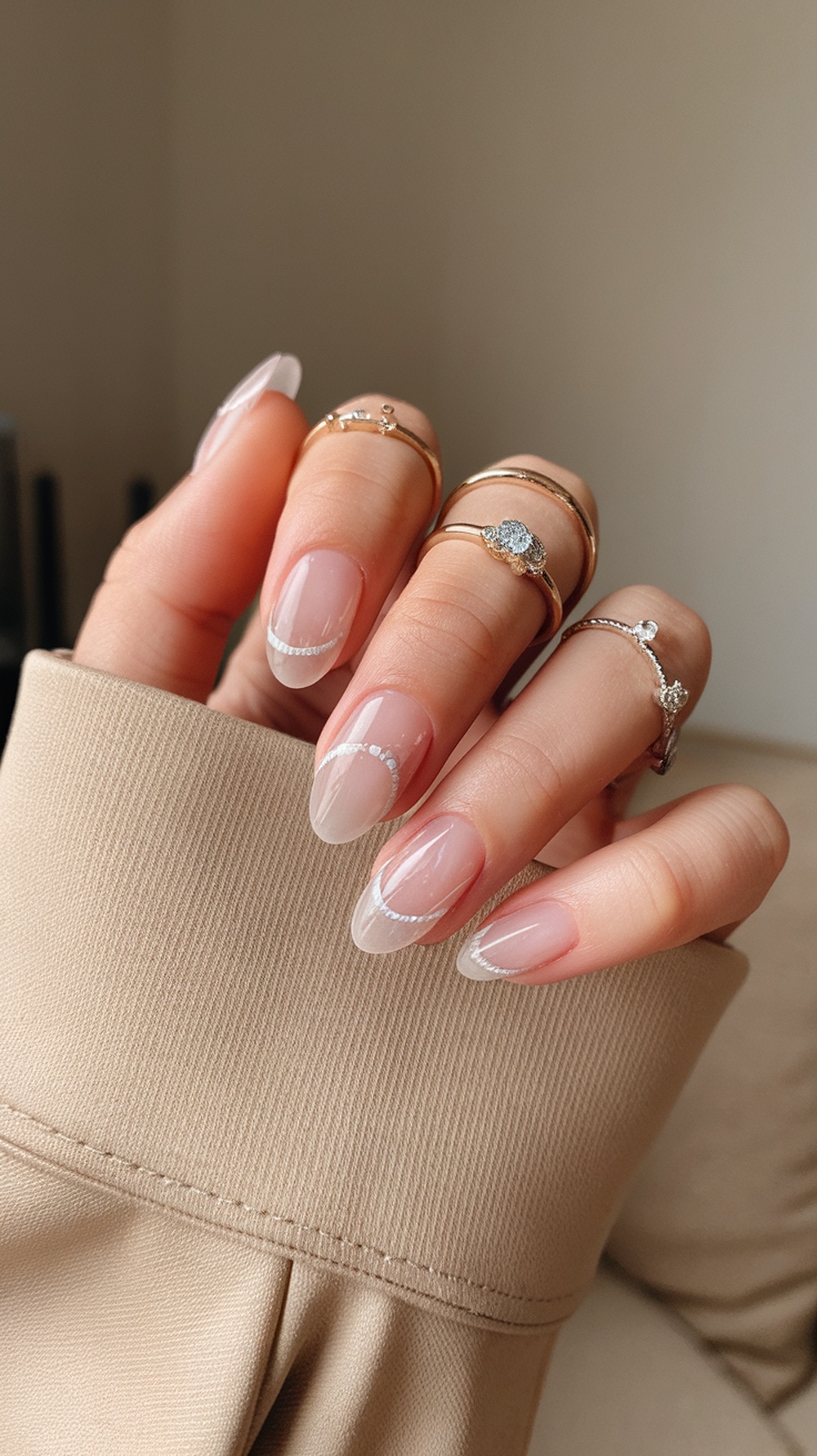 A close-up of hands with tapered square nails, adorned with rings, showcasing a stylish and elegant look.