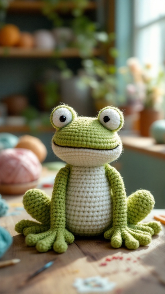 A cute crochet frog sitting on a wooden table, surrounded by yarn and craft supplies.