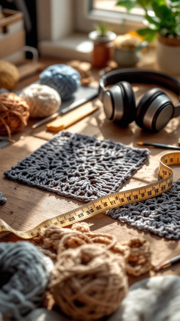 A crafting table with crochet swatches, yarn, a measuring tape, and headphones