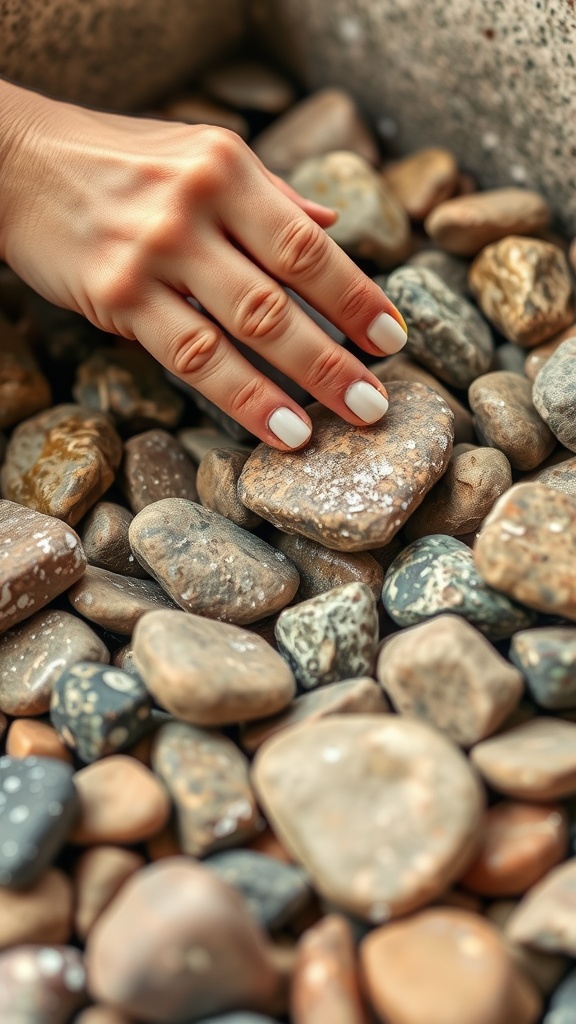 A hand reaching for a smooth rock among various pebbles.