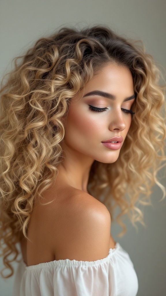 A woman with blonde highlights in her curly hair, showcasing defined curls and a radiant look.