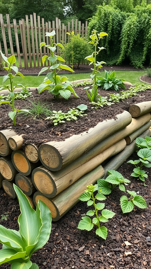 Raised garden bed made of logs with plants growing in it.