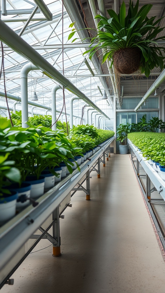 Interior of a hydroponic greenhouse with plants on shelves.