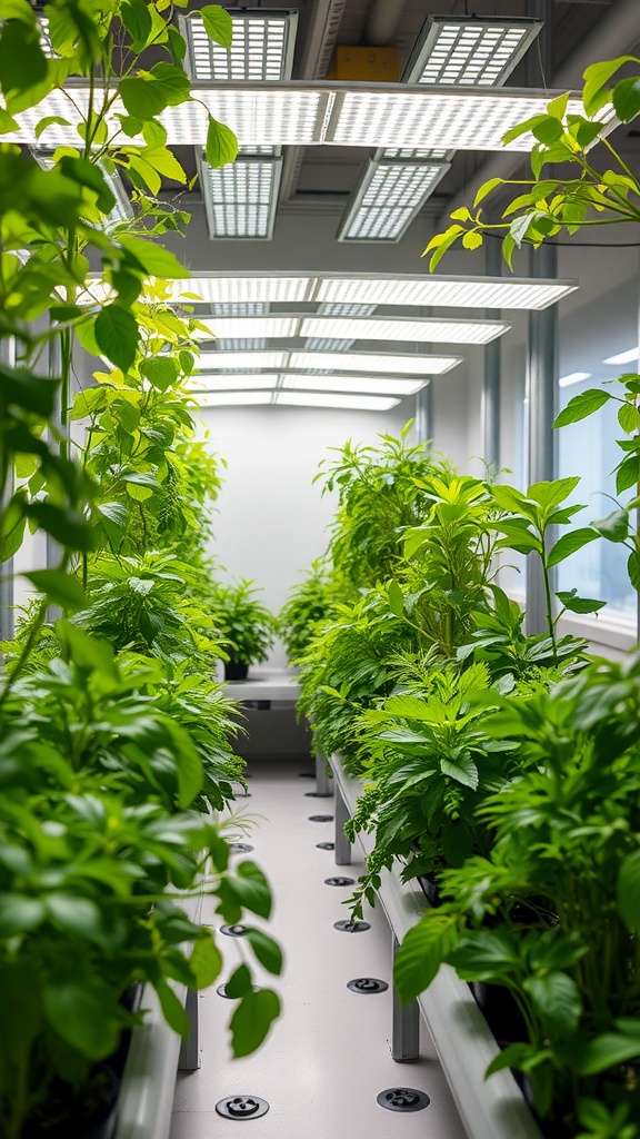A bright and green hydroponic herb garden system with plants growing in rows under grow lights.