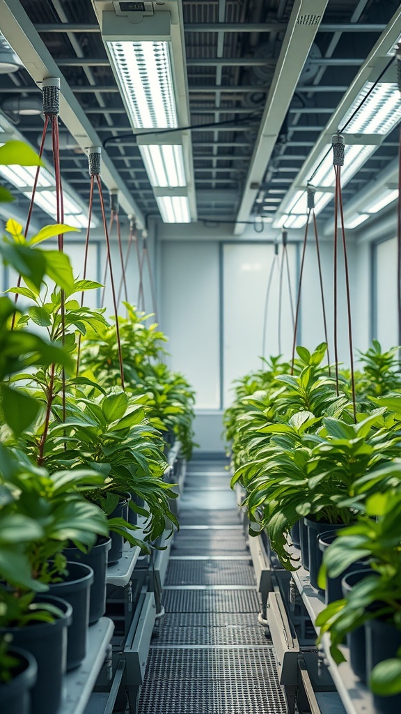 A hydroponic garden filled with green plants under bright grow lights