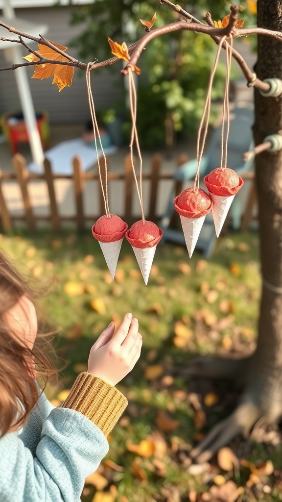 A child reaching for colorful ice cream cone bird feeders hanging from a tree.