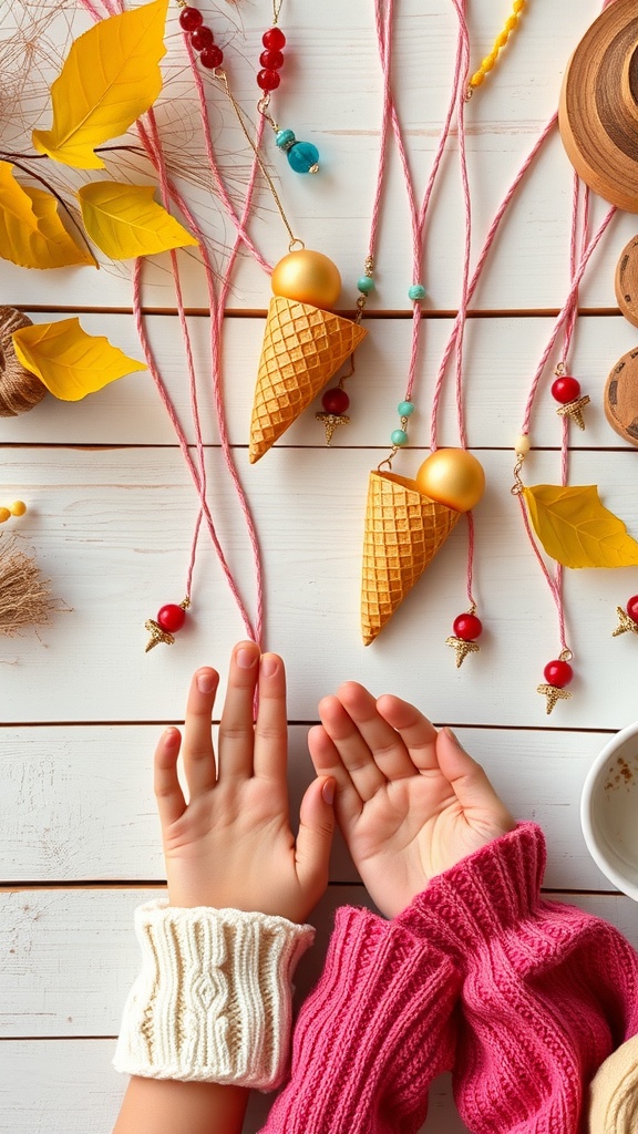 Colorful ice cream cone necklaces being made by kids, featuring beads and playful designs.