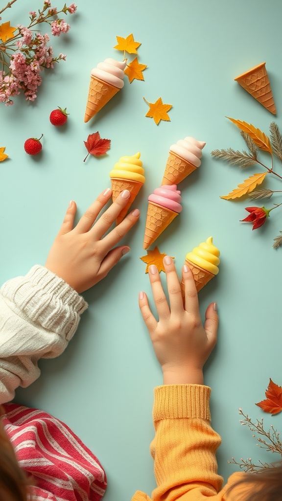 Hands reaching for colorful ice cream cupcake toppers on a blue background.