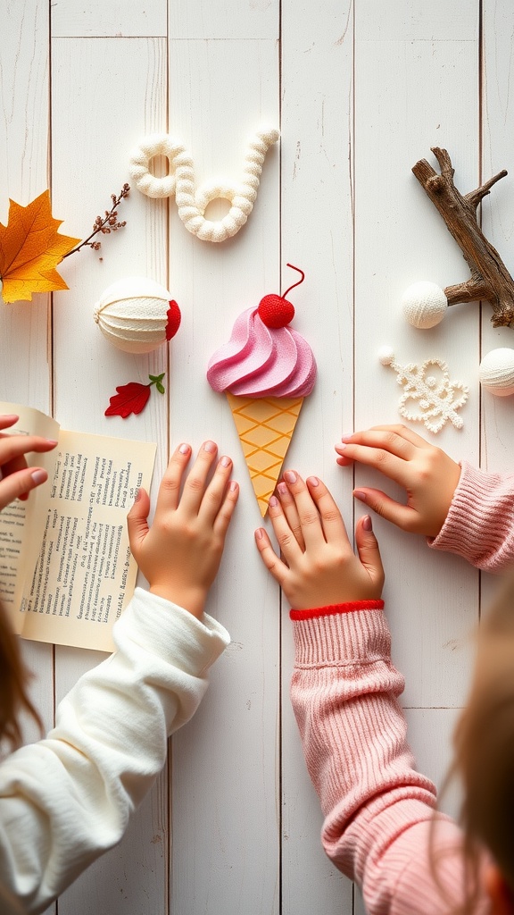Children's hands reaching for colorful ice cream crafts on a table