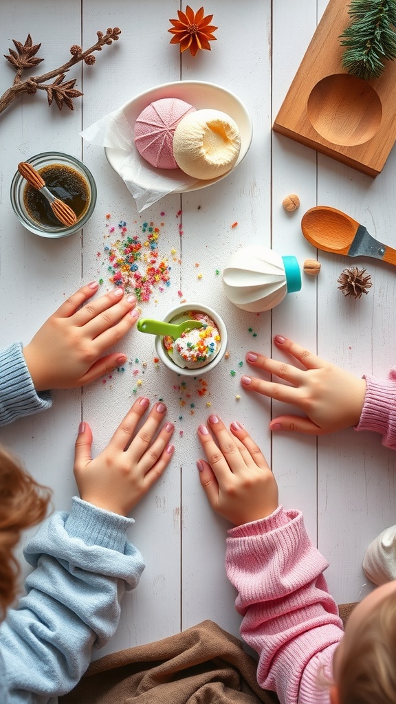 Kids' hands reaching for ice cream and toppings on a table, with colorful sprinkles and other ingredients.