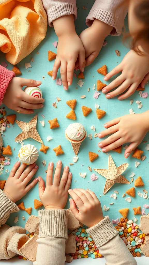 Children's hands touching colorful ice cream-themed sensory items in a playful setting.