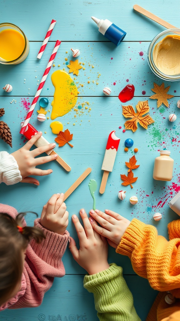 Children crafting with ice cream sticks and colorful supplies on a blue table.