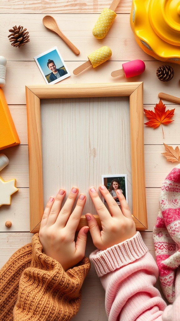 A pair of hands working on a craft project with a wooden photo frame, ice cream stick decorations, and a couple of small photos.