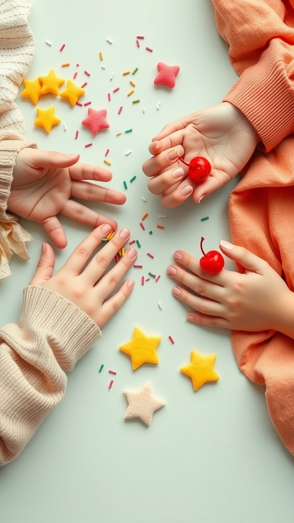 Two pairs of hands playing with colorful play-dough, creating ice cream shapes and toppings.