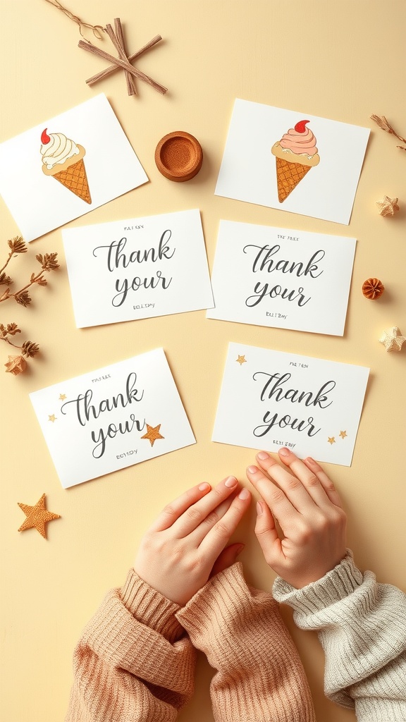 Hands holding ice cream themed thank you cards with illustrations and decorative stars.