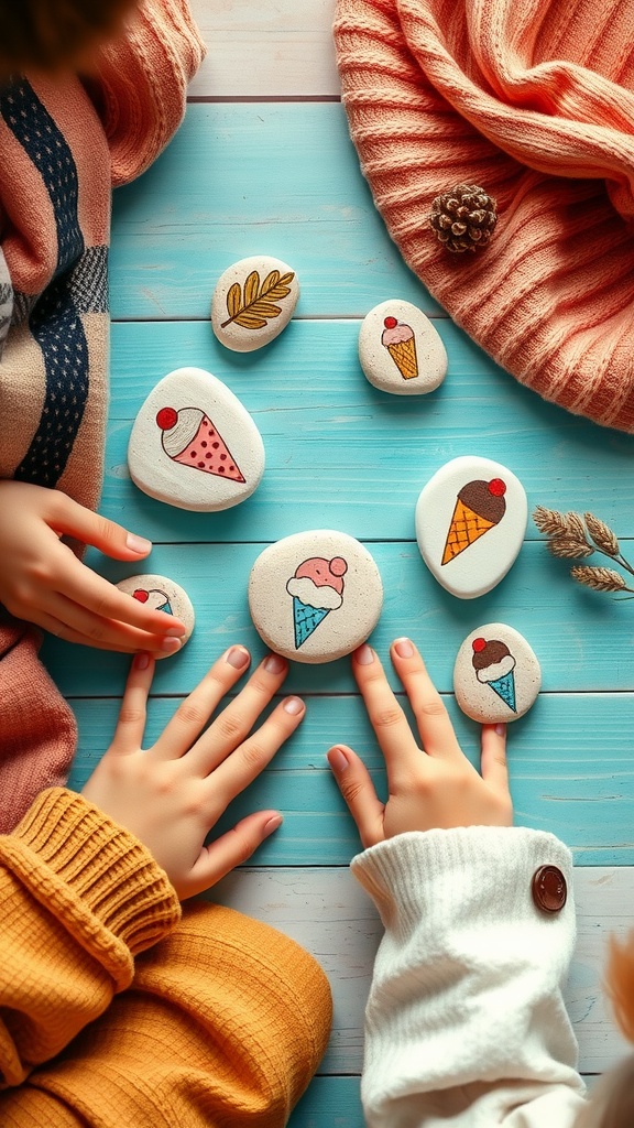 Children playing with painted stones depicting various ice cream cones on a wooden table.