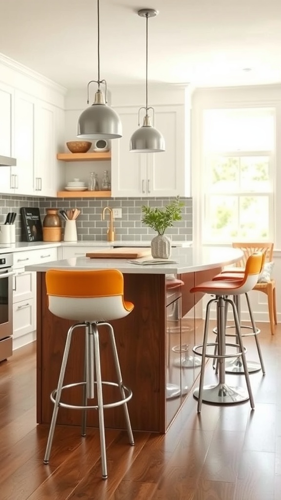 A modern kitchen featuring colorful retro bar stools with an orange and white design.