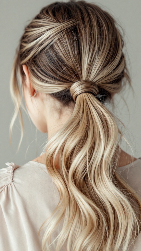 A hairstyle featuring light brown hair styled in a ponytail with icy blonde highlights.
