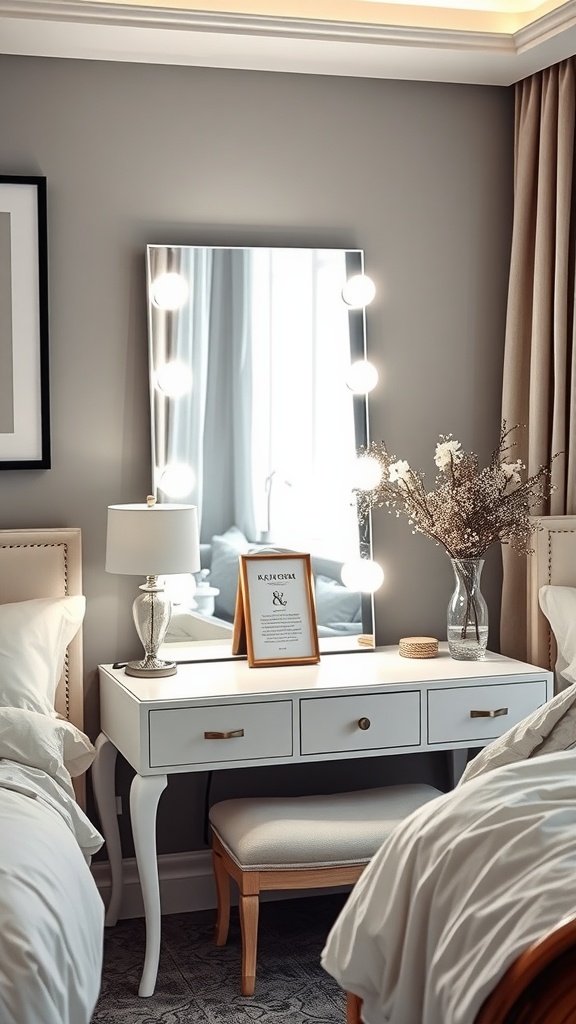 A modern dressing table with an illuminated mirror, stylish lamp, and decorative items.