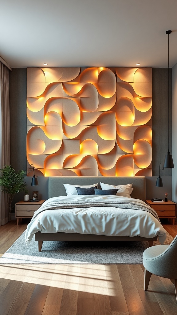 A modern bedroom featuring illuminated wall panels with flowing curves, creating a warm atmosphere.