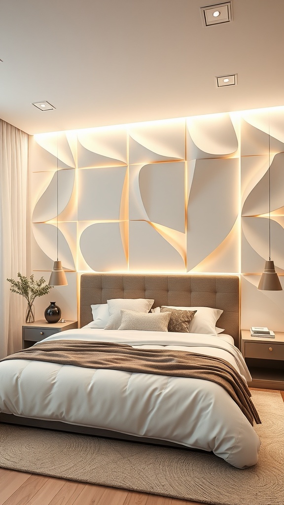 A modern bedroom featuring illuminated wall panels that create a warm and inviting atmosphere.