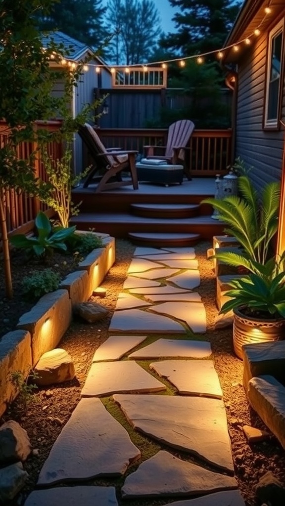 A stone pathway illuminated by warm lights leading to a deck with string lights in a backyard setting.