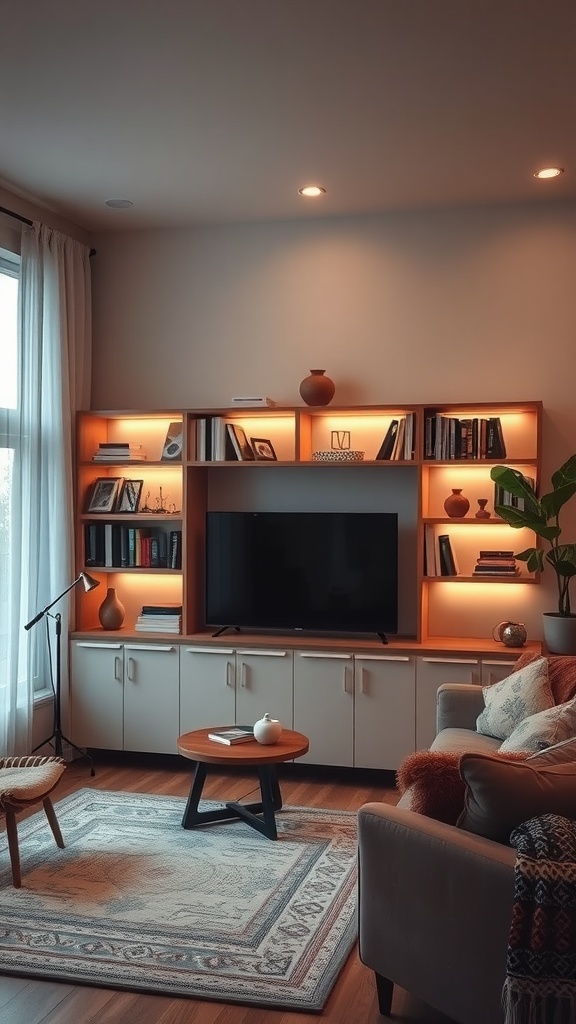 A living room with illuminated shelves displaying books and decorative items, creating a cozy atmosphere.