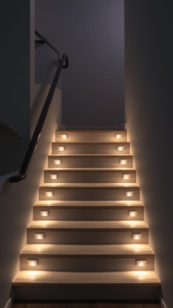A staircase with embedded lighting on the steps, showcasing a modern design.