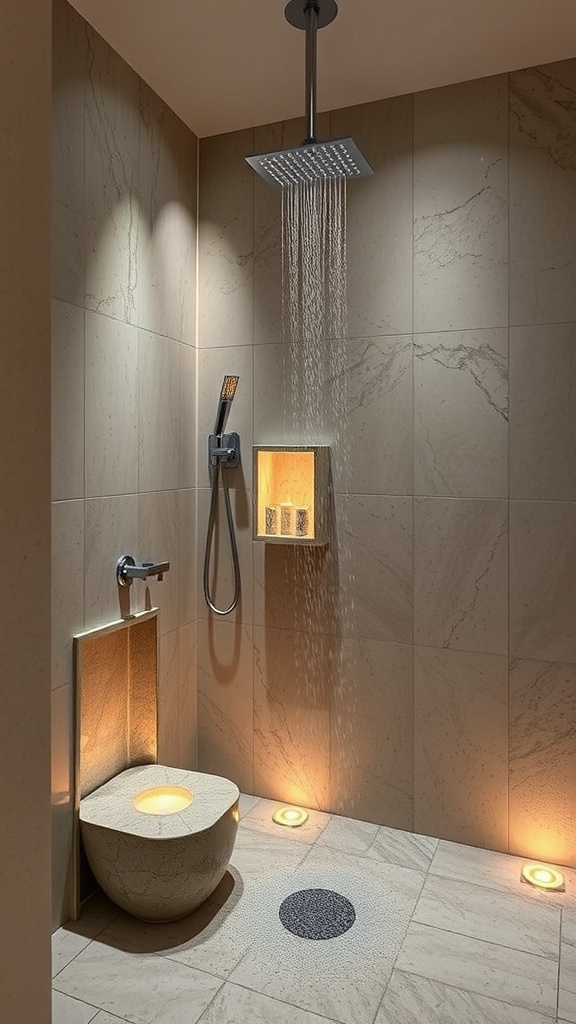 Modern bathroom shower with illuminated stone features and overhead shower