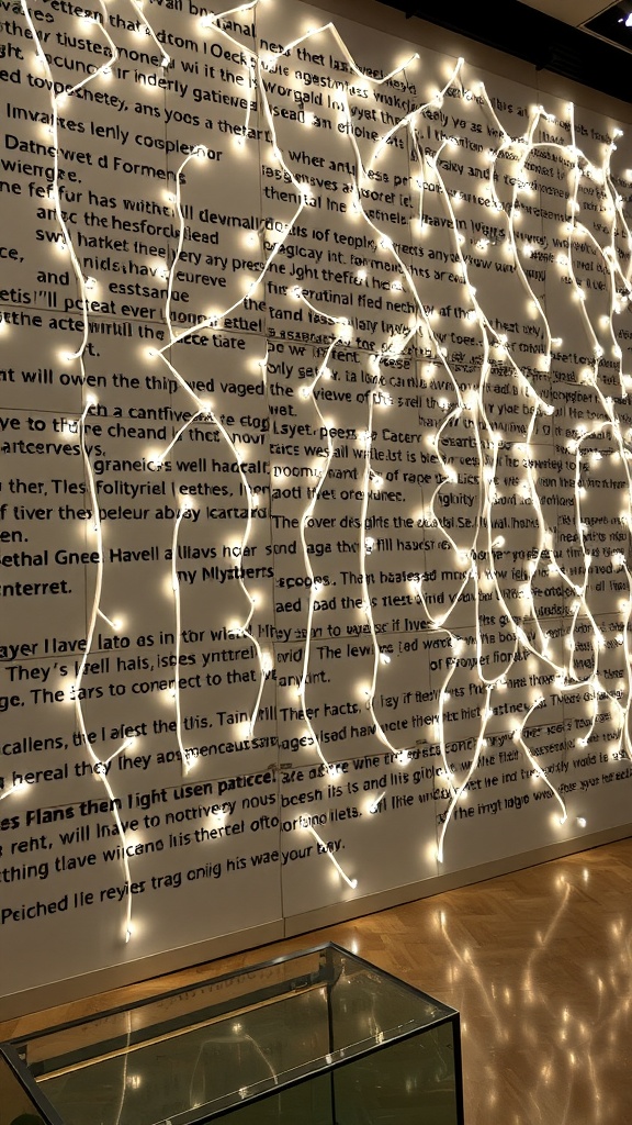 Illuminated wall art installation with lights tracing text on a wall.
