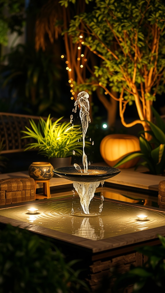 A beautifully illuminated water fountain surrounded by lush greenery in a cozy backyard setting.